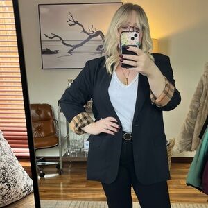 JODIFL nwt Black Blazer boyfriend 90s style Tan Plaid Accents Sz L academia